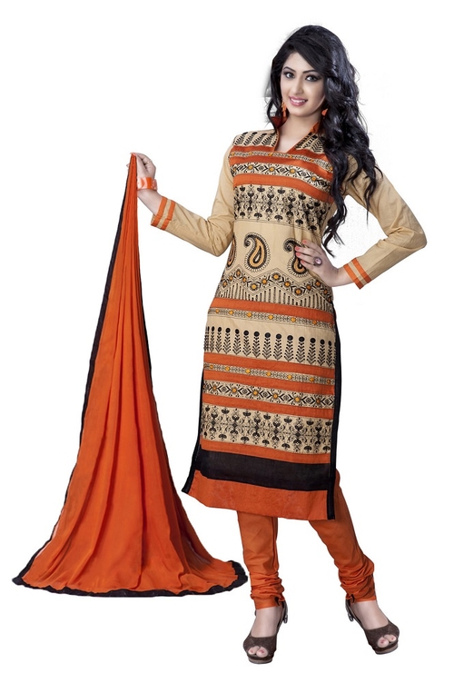 Beige and Orange Cotton Embroidered Dress Material