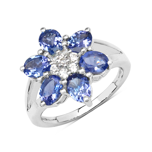 2.28 Carat Genuine Tanzanite & White Topaz .925 Sterling Silver Floral
