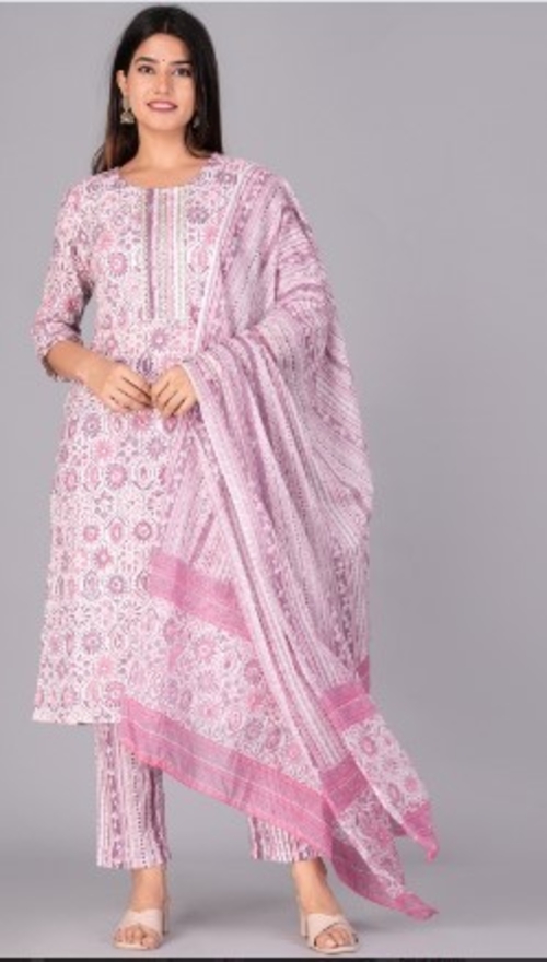 Ethnic Printed Mirror Work Pure Cotton Kurta with Trousers & Dupatta