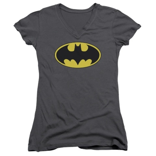Trevco Batman-Classic Bat Logo - Junior V-Neck Tee - Charcoal, Lar