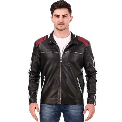 Men's Solid Stripped Design Biker Jacket (Size-XL) (Color-BLACK)