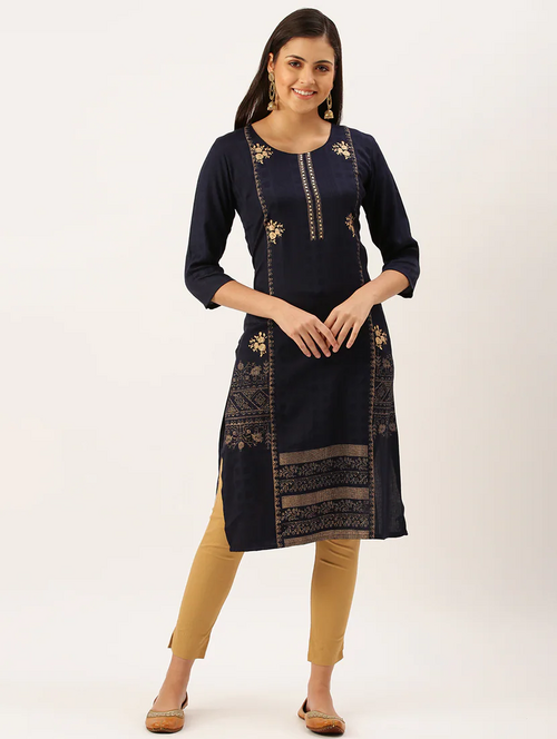 Women's Golden Printed straight kurta (Size-S) (Color-BLACK&GOLDEN)