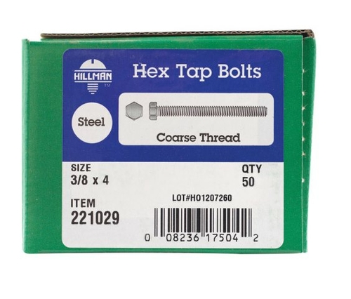 Hillman 221029 0.375 x 4 in. Fully Threaded Hex Tap Bolt  Zinc Finish 