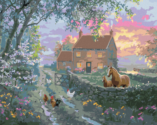 Paint by Numbers - ENGLISH FARM, HORSE WITH FOAL AND HEN WITH COCK