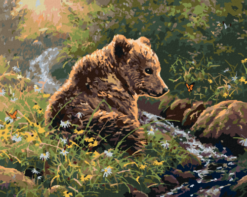 Paint by Numbers - BEAR CUB BY THE RIVER IN FLOWERS AND BUTTERFLIES