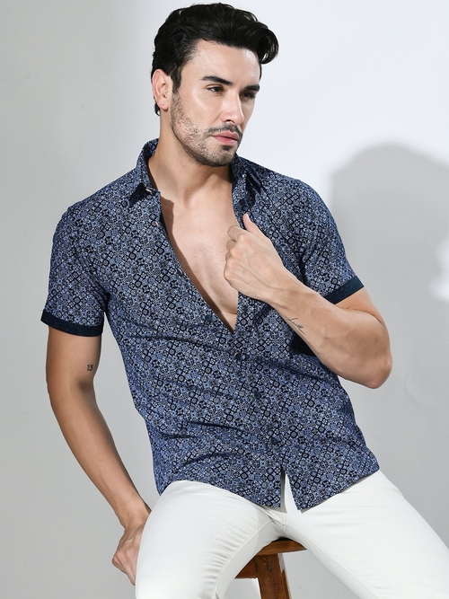 Abstract Printed Half Sleeves Casual Shirt-BLUE (Size-L) (Color-BLUE)