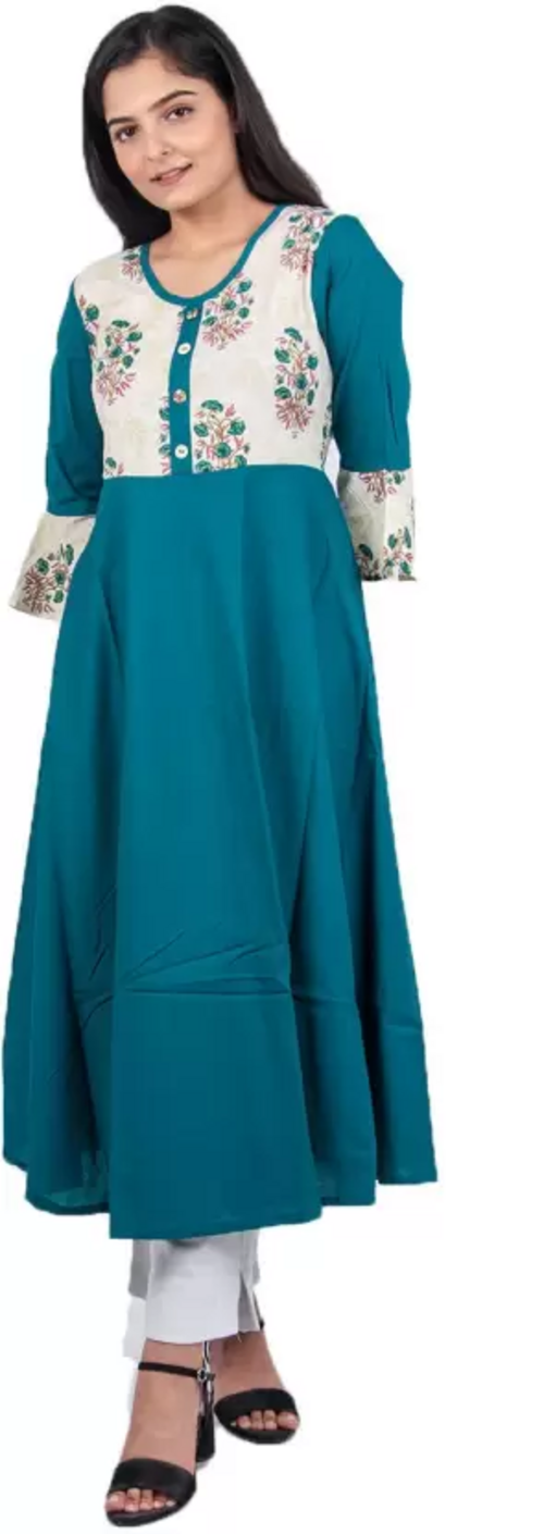 Women Embroidered Pure Cotton Flared Kurta  (Multicolor) Size M
