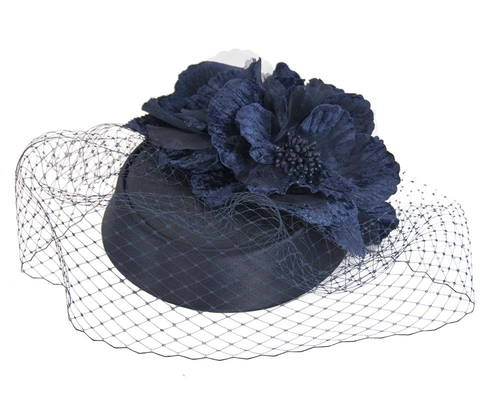 Custom made navy pillbox hat with flowers & face veiling
