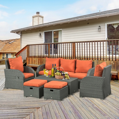 Outsunny 6pc Wicker Sectional Set Cushioned Outdoor Rattan 3-Seat Sofa