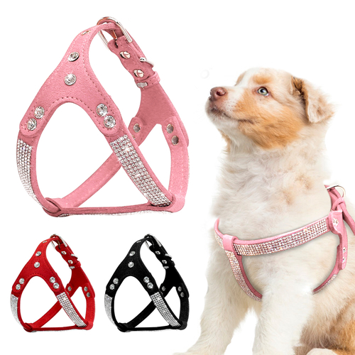 Soft Suede Leather Puppy Dog Harness Rhinestone