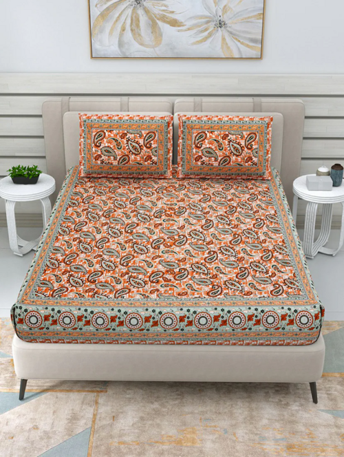 Hand Printed Double Bedsheet With Two Pillow Covers (brown)
