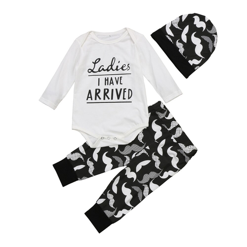 3PCS Set Newborn Baby Moustache Clothes Set Long