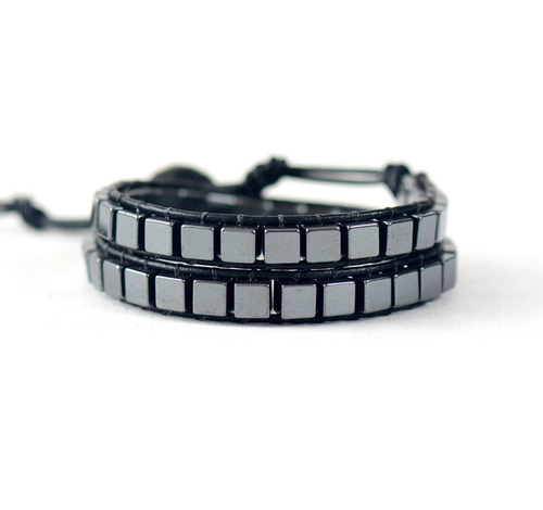 Men Leather Bracelets Square Hematite Stone 2