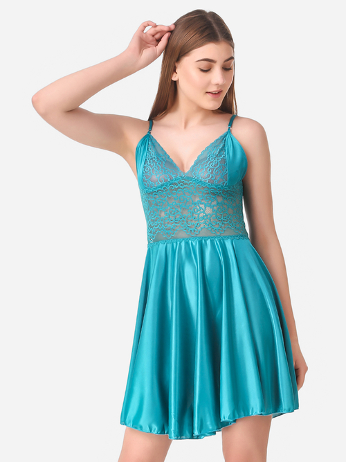 Romaisa Women's Satin Solid Blue Above Knee Length Babydoll