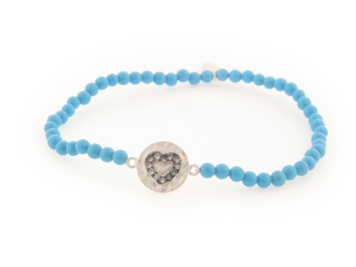 Fronay 212171T Elastic Turquoise Beads Heart Charm Bracelet in Sterlin