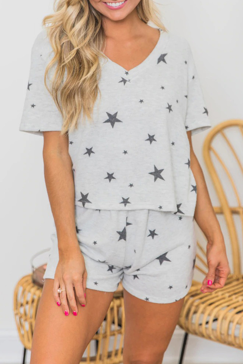 Gray Star Print Short Sleeve Loungewear Set