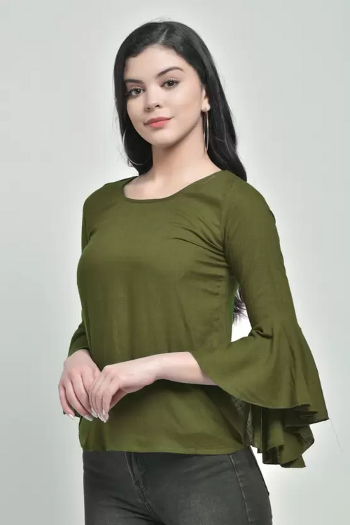 Casual Bell Sleeves Solid Women TOP (Size-L) MEHANDI)