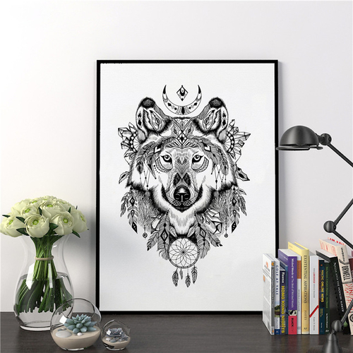 Hand Drawn Aztec Style Wolf Wall Art Print And