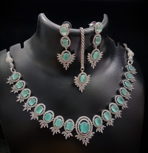 Blue Stone Women Necklace Set With Long Maang Tika & Two Drop Earring
