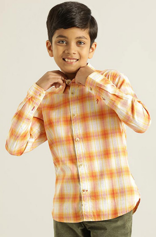 Boys Tartan Checked Pure Cotton Casual Shirt (Color Orange) (Size 7 -