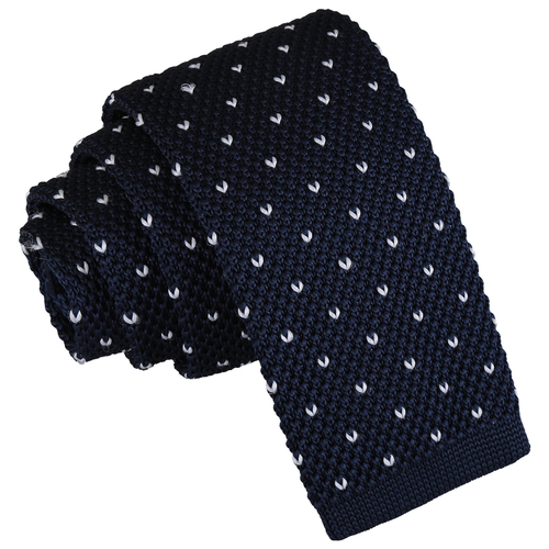Flecked V Polka Dot Knitted Skinny Tie - Midnight Blue