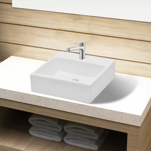 Bathroom Sink Basin with Faucet Hole Ceramic White