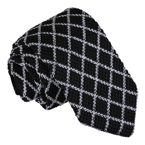 Diamond Grid Knitted Slim Tie - White & Black