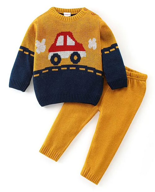 Knit Full Sleeves Car Print Sweater Sets  (Size-2-3YEAR)