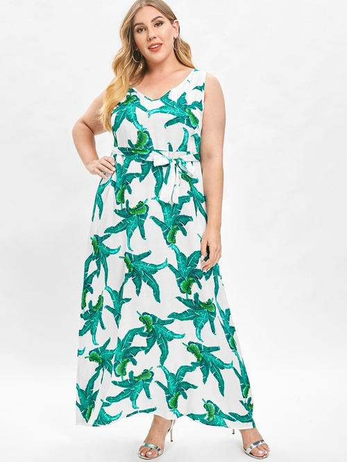  Women Plus Size Plunge Palm Print Maxi