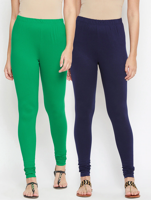 Women's Solid Ankle-Length Leggings (Pack of 2)(SizeM)(ColorGreen &