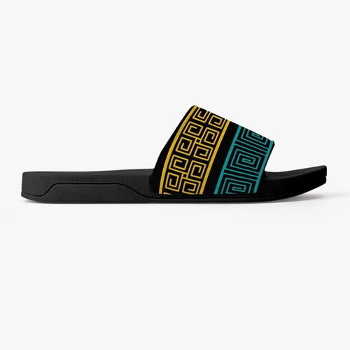 Womens Slide Sandals - Blue and Yellow Geometric Print