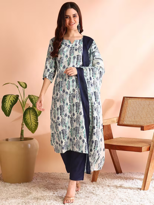 Women Printed Notch Neck Suit Set (Size-L) (Color-Navy Blue)