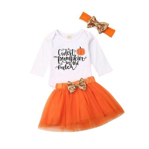  3PCS Newborn Baby Girls Pumpkin Romper Tutu