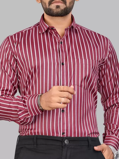 Men Regular Fit Striped Spread Collar Formal Shirt Maroon (Size L)