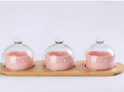 Ceramic Bowls With glass Lids, Bamboo Wood Tray- Pink