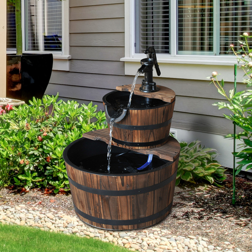 Outsunny 2-Tier Wooden Barrel Water Fountain with Electric Pump