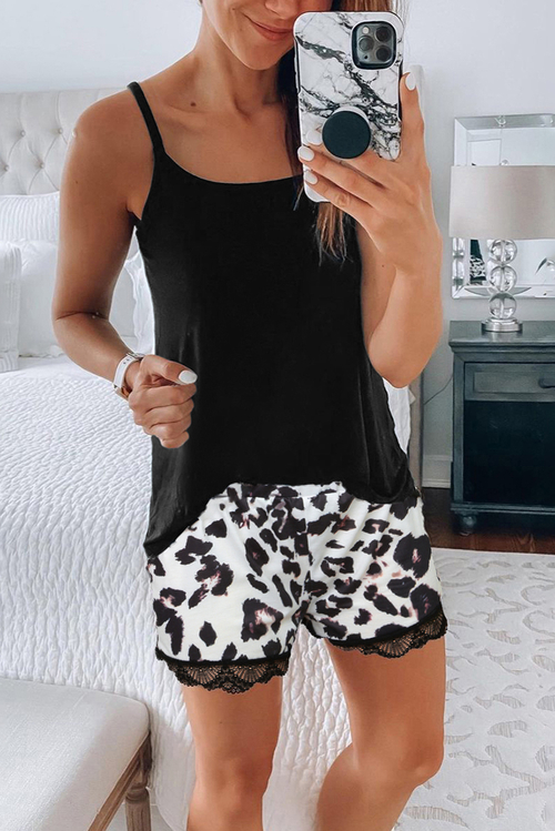 Black Tank Top and Leopard Lace Trim Shorts Loungewear Set