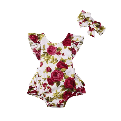 Newborn Infant Baby Girl Floral  Headband Jumpsuit