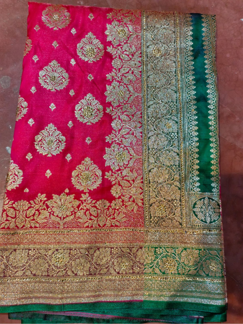 Wome's Nylon Zari Work And Stone Work Saree Red