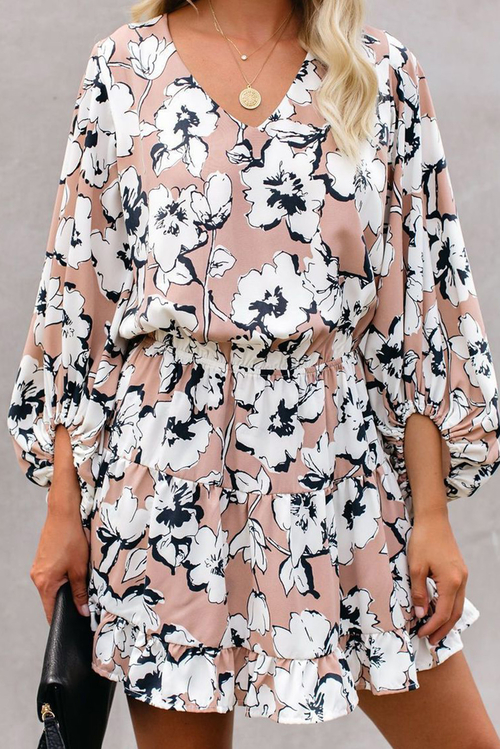 Apricot V Neck Lantern Sleeves Floral Tunic Dress