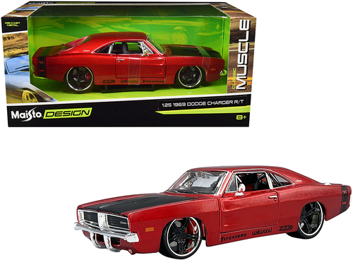 1969 Dodge Charger R/T Red Metallic with Black Hood and Black Stripes