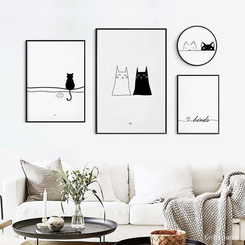 Minimalist Black and White Cat Birds Poster and