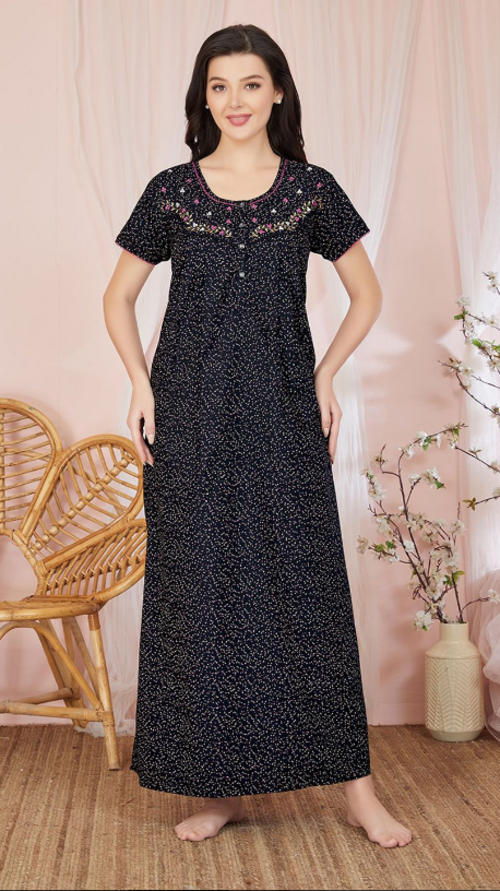 Women Printed Scoop Neck Short Sleeves CottonBlend Maxi Nightdress