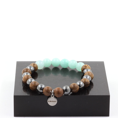 Amazonite + Hematite + wood 8 mm beads Bracelet.
