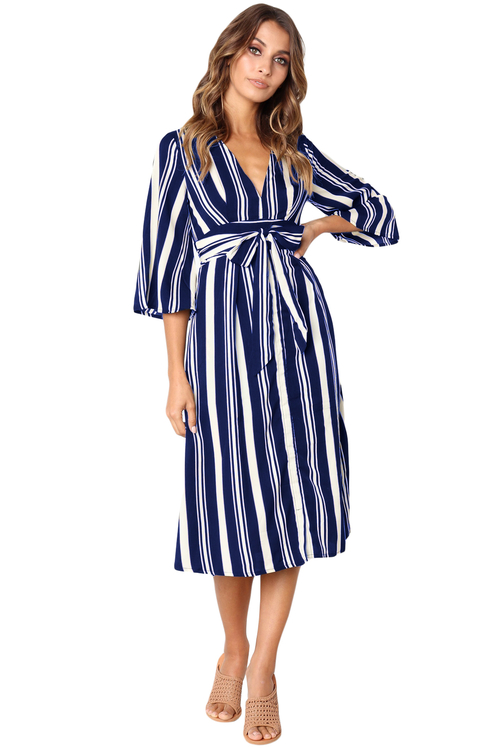 Navy Blue Gap Striped V Neck Midi Shirt Dress