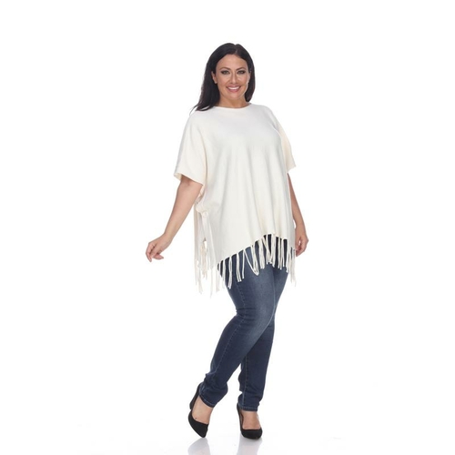 White Mark PS649-02 Plus Megara Side Buttons Oned Fringe Poncho, W