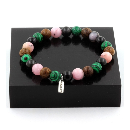 Pink Opal + Black Obsidian + Malachite + Wood Bracelet 8 mm Beads.