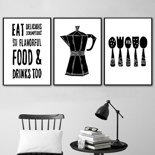 Black White Teapot Spoon Fork Wall Art