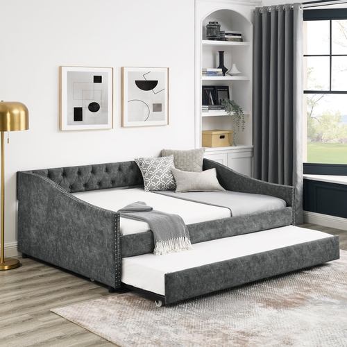 Full Size Daybed with Twin Size Trundle Upholstered Tufted Sofa Bed,