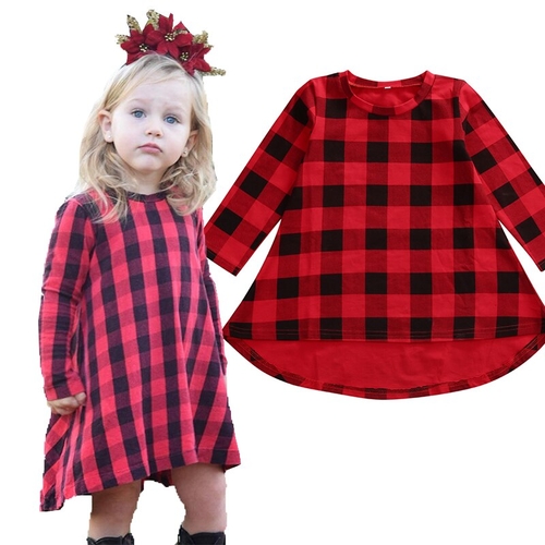 Girls Summer Babies Long Sleeve Plaids Dress NEW